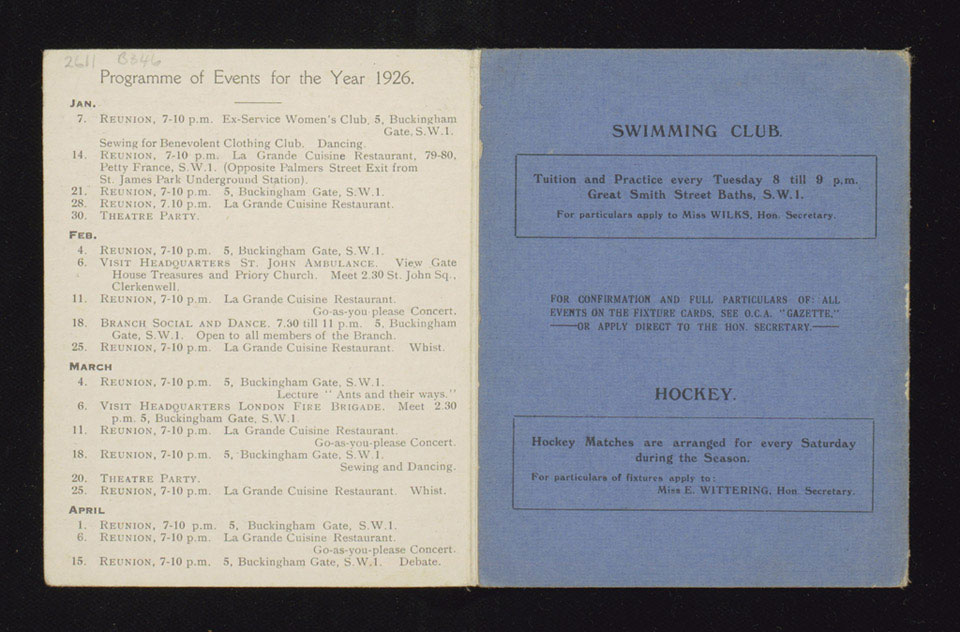 Queen Mary's Army Auxiliary Corps Old Comrades Association, London branch, programme for 1926