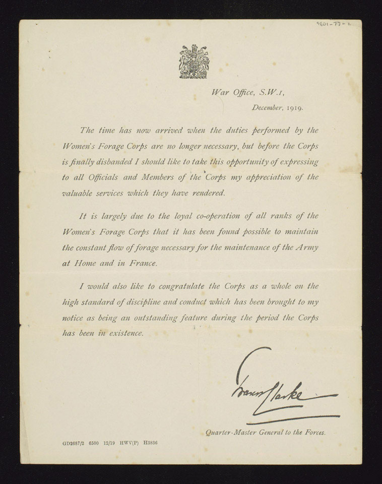 Circular letter of thanks from the Quarter Master General to members of the Women's Forage Corps on disbandment, December 1919