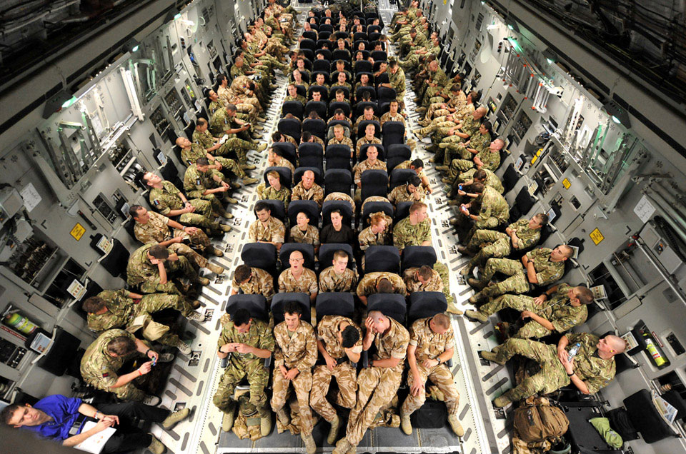 'Prepare for Landing', soldiers of 16 Air Assault Brigade on the final leg of their flight to Afghanistan, 2010.