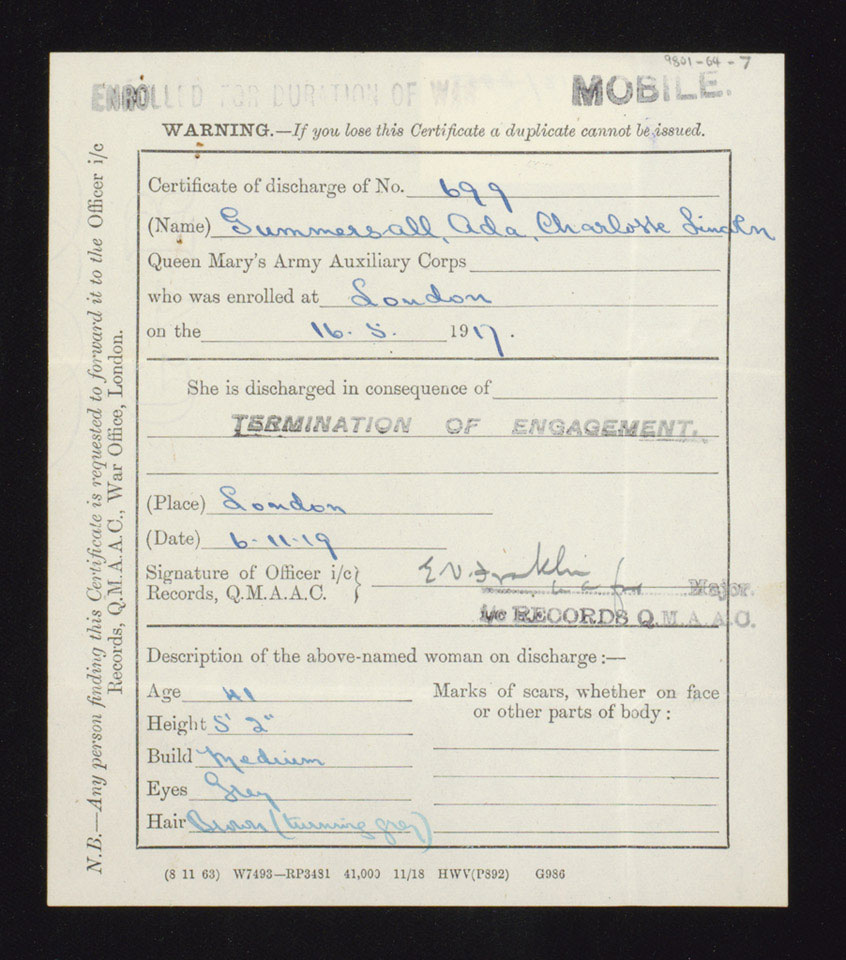 Discharge certificate of Ada Gummershall, Queen Mary's Army Auxiliary Corps, 6 November 1919
