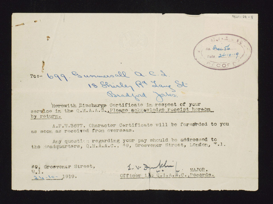 Discharge certificate receipt of Ada Gummershall, Queen Mary's Army Auxiliary Corps, 1919