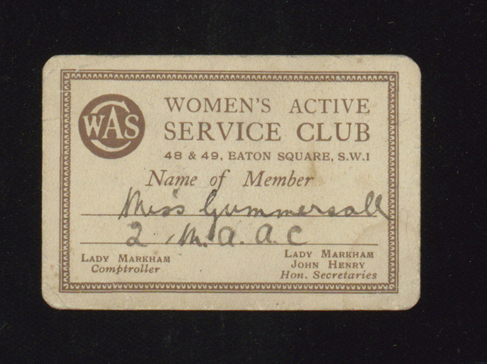 Women's Active Service Club membership card of Ada Gummersall, Women's Army Auxiliary Corps