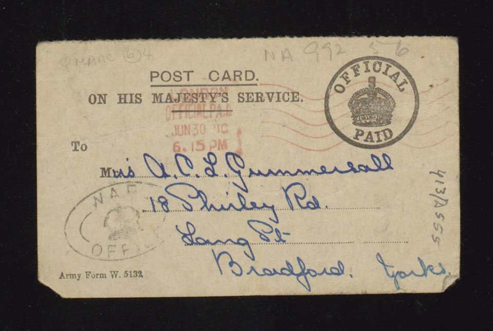 Postcard notification of the award of medals to Forewoman Ada Gummersall, Queen Mary's Army Auxiliary Corps, 1921