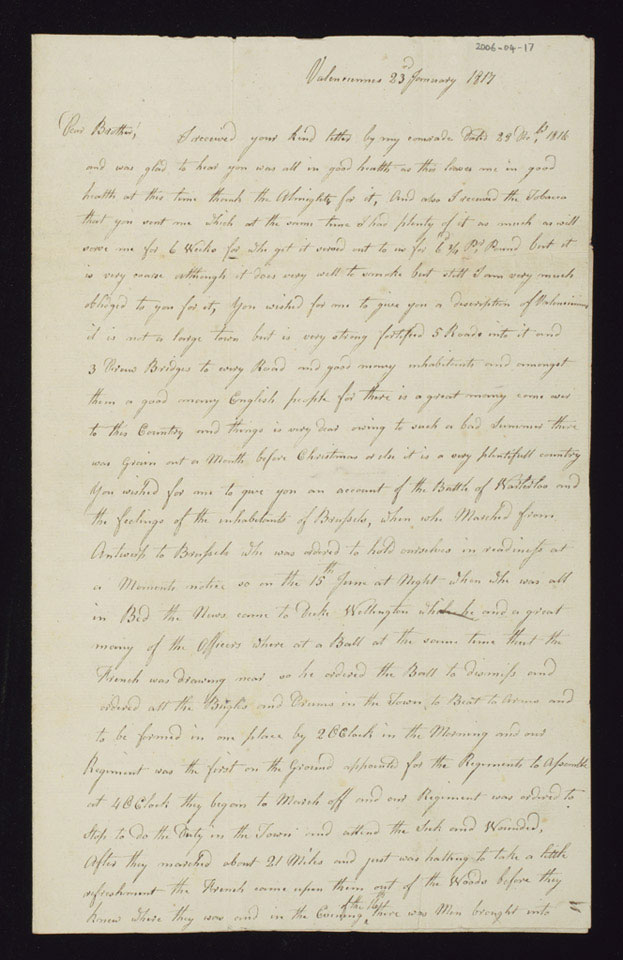 Letter from Lieutenant William Pritchard, 2nd Battalion, 3rd Regiment of Foot Guards, to his wife Mary, 12 July 1815