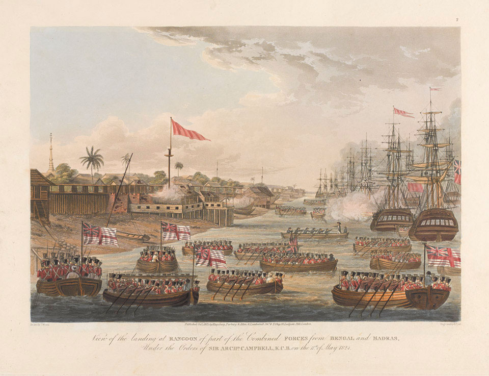 'View of the landing at Rangoon of part of the combined forces from Bengal and Madras under the Orders of Sir Archd Campbell KCB on the 11th May 1824', 1825