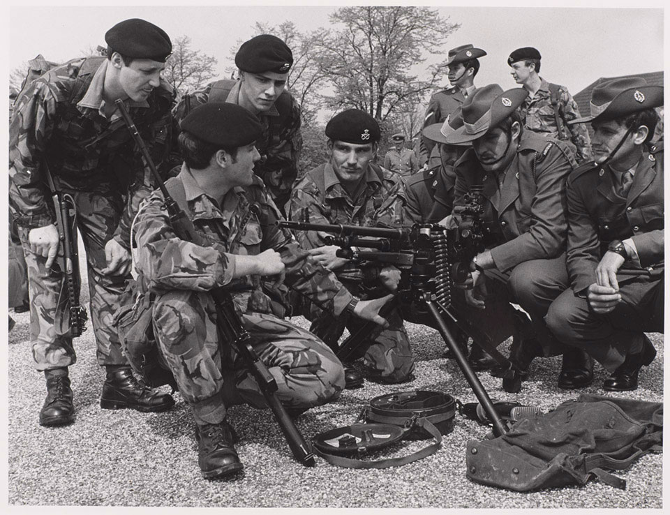 A General Purpose machine gun (GPMG) mounted on a sustained fire tripod, 1980 (c)