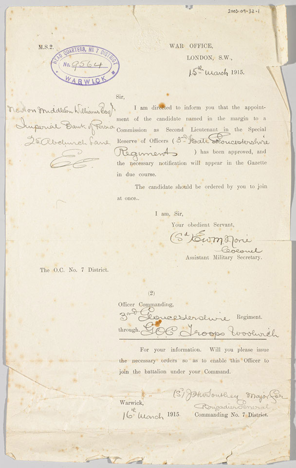 Appointment of Newton Williams as Second Lieutenant in The Gloucestershire Regiment, 1915