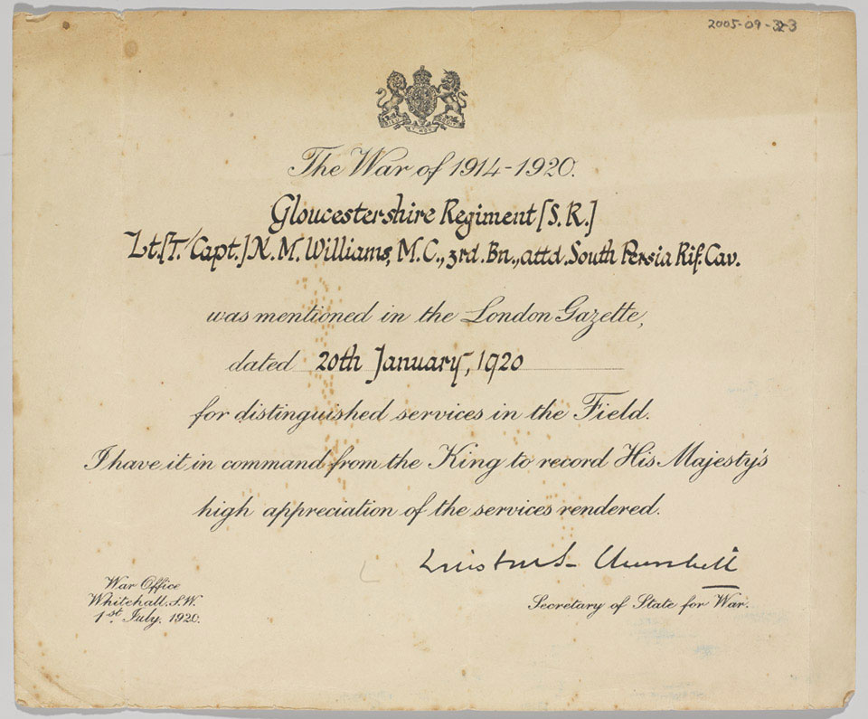 Mention in The London Gazette certificate awarded to Temporary Captain Newton Williams, 1 Januaryy 1920
