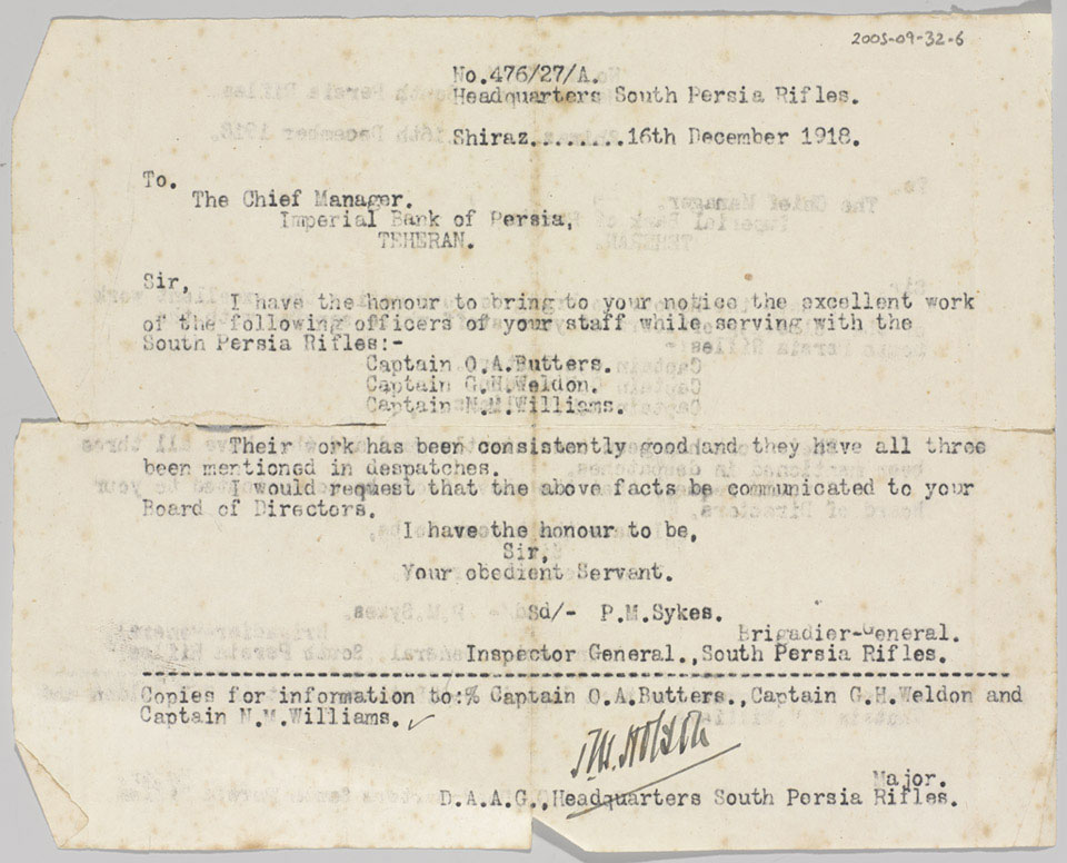Commendation by Sir Percy Sykes of Captain Newton Williams to his employers, Imperial Bank of Persia, 16 December 1918