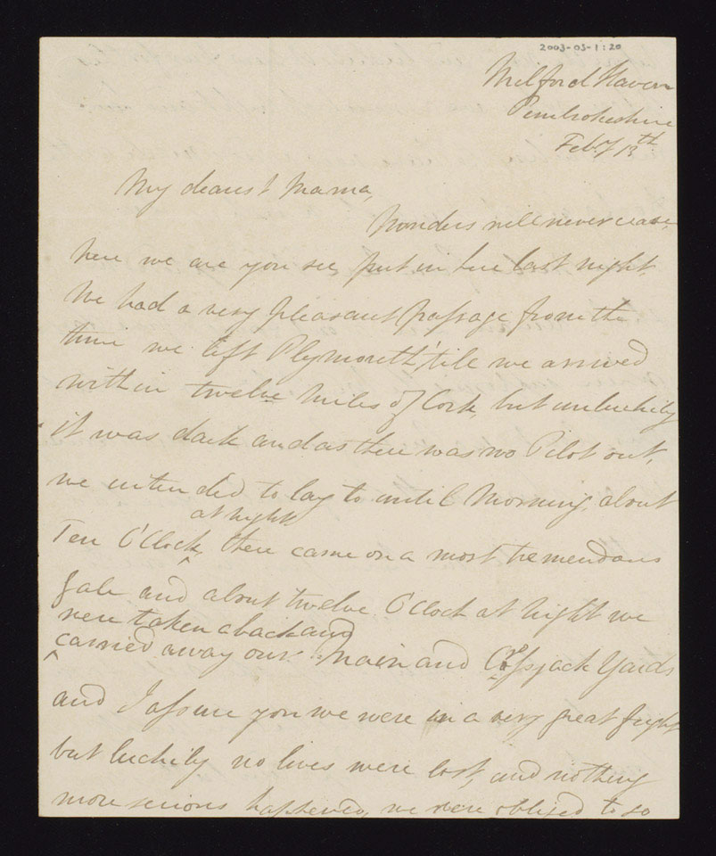 Manuscript letter sent by Captain William Henry Hare to his mother, 13 February 1834