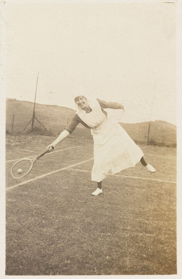 Miss Harvey playing tennis at Pilton House, Barnstaple, Devon 1918