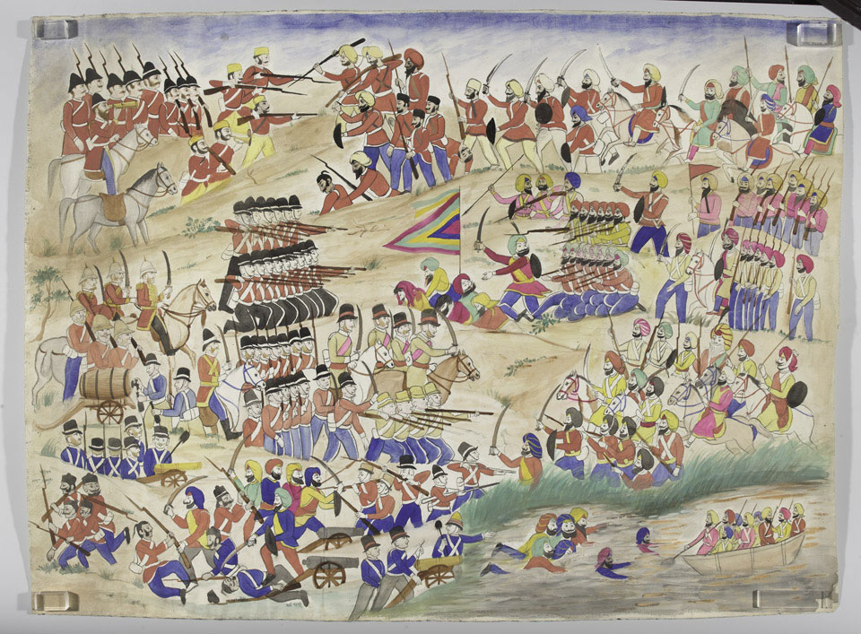 A battle between British and Sikh forces, possibly Sobraon, 10 February 1846