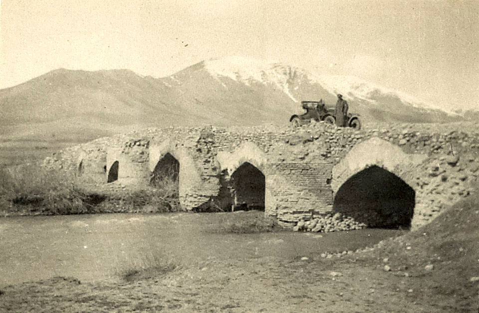 A Dunsterforce armoured car on a bridge on the Kermanshah-Hamadan Road, 1918
