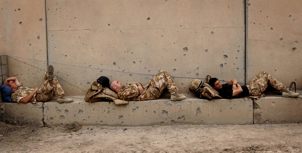 Troops from 1st Battalion The Staffordshire Regiment rest after a patrol in Basra, 8 April 2007