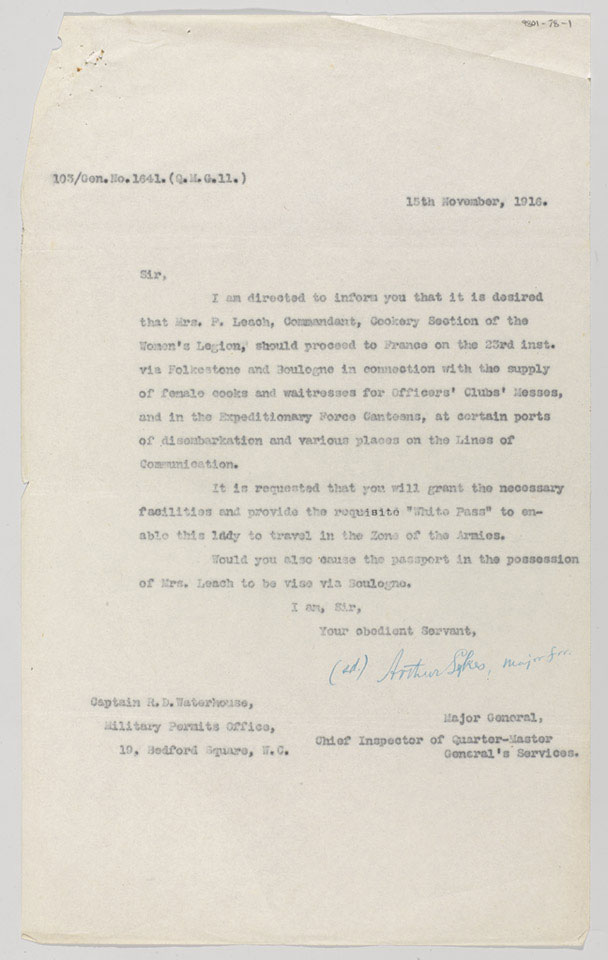 Letter from Arthur Sykes  to the military permits office, seeking a 'White Pass' for Mrs Leach, 15 November 1916.