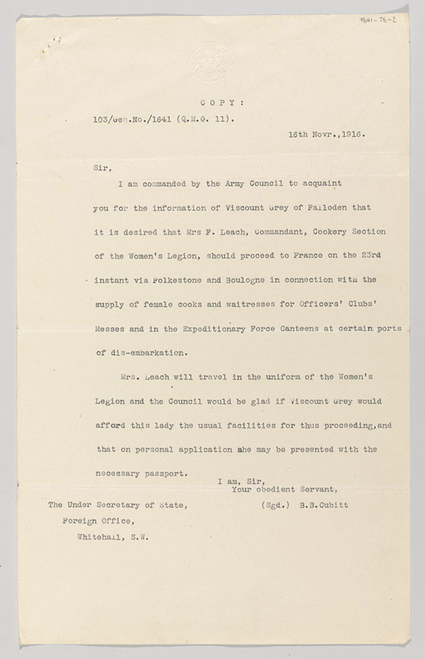 Letter from Bertram Cubbit, Assistant Under-Secretary of State, to Foreign Secretary, Edward Grey informing him of Mrs Leach's visit to France, 16 November 1916. 