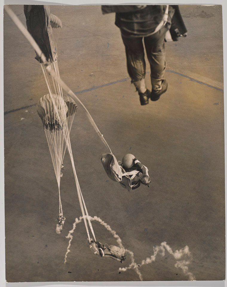 A parachute jumps during Exercise Longstop, 1947