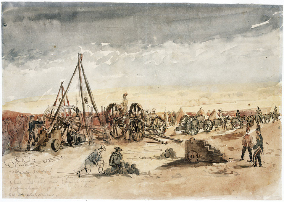 'Camp Sebast. Siege train.covering gun-wheels - with sheep skins - to prevent noise. Preparations to go out to trenches. Oct 1854'