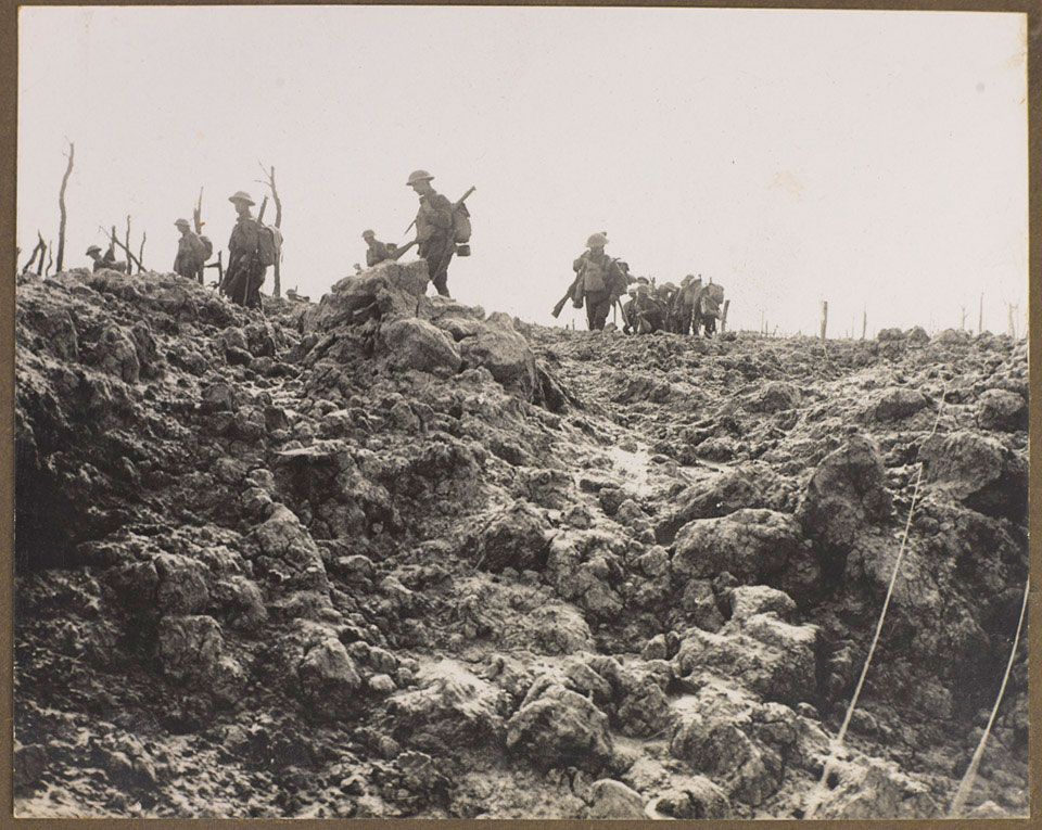 Soldiers advancing on Pilckem Ridge during the Third Battle of Ypres, 1917