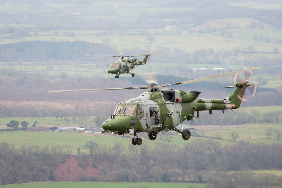 Two Lynx Mk 9A Helicopters in formation, Cumbria, 2015