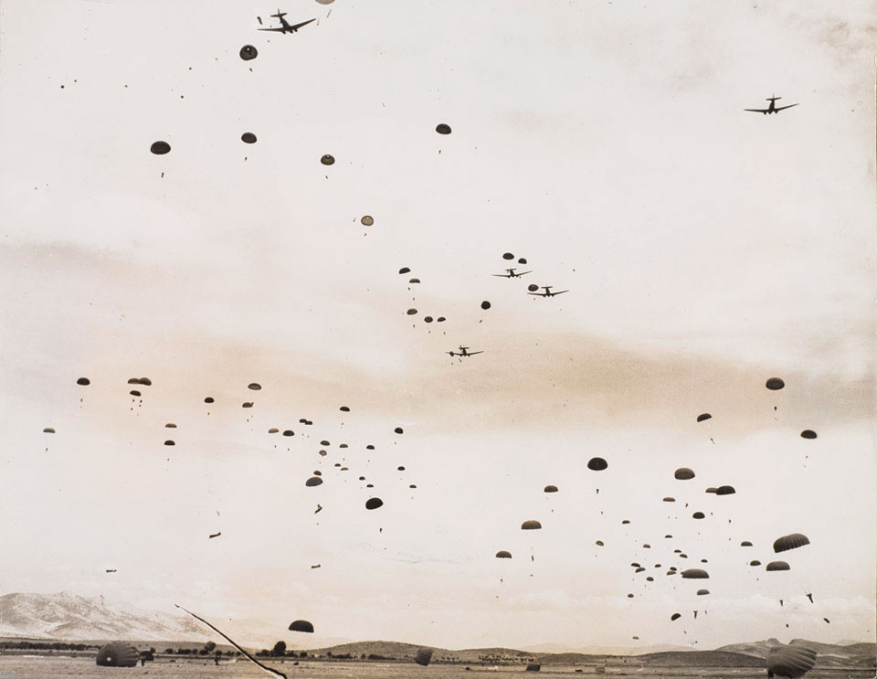 British paratroopers dropping from Dakota aircraft onto an airfield near Athens, 14 October 1944