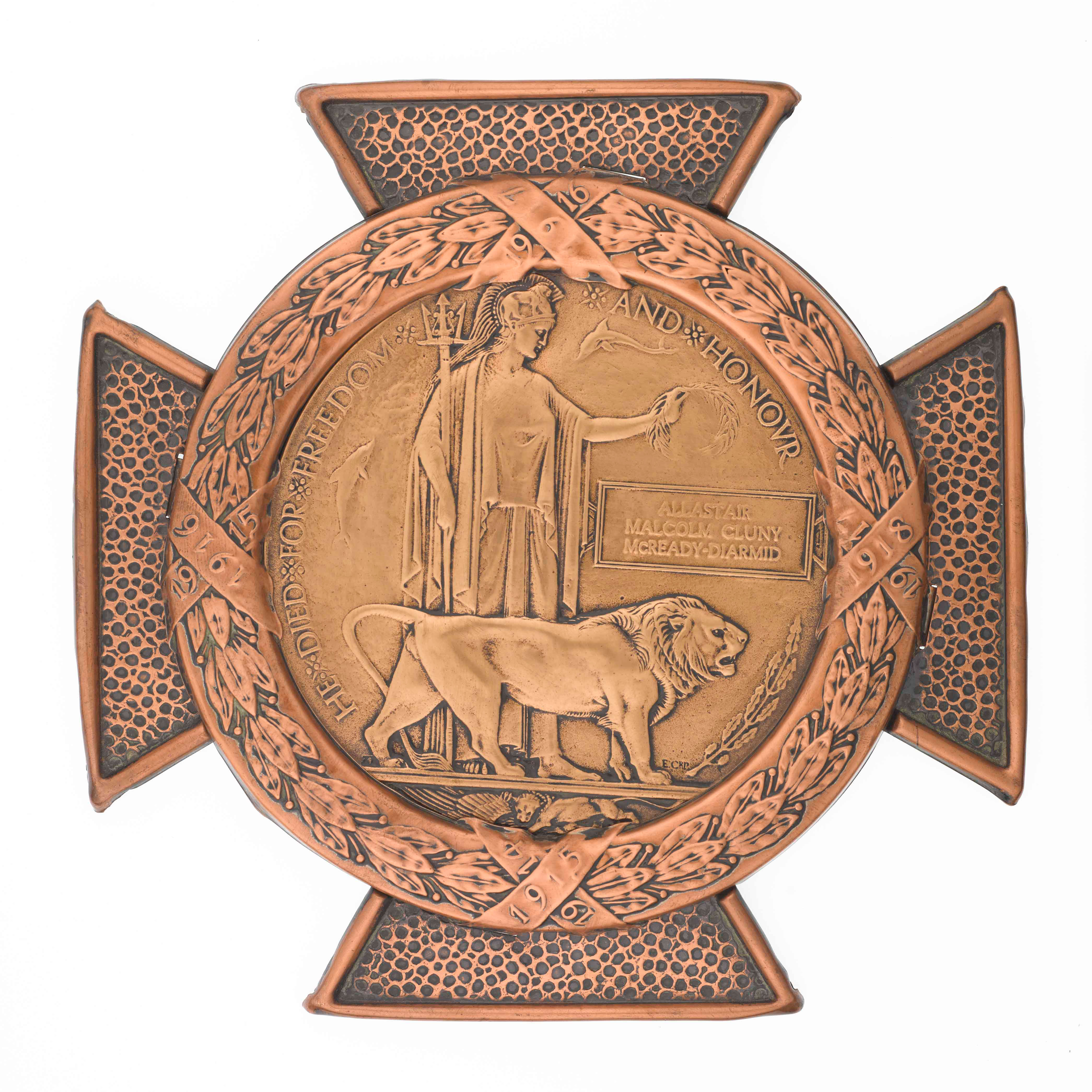 Commemorative Medallion awarded to the next of kin of Captain Allastair McReady-Diarmid, 17th (Service) Battalion, The Duke of Cambridge's Own (Middlesex Regiment)