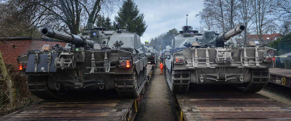 Challenger 2 tanks of The Queen's Royal Hussars loaded on trains at Sennelager, Germany, 2016