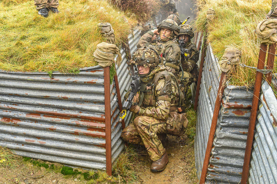 Training in a trench system at the Infantry Battle School, Brecon ...