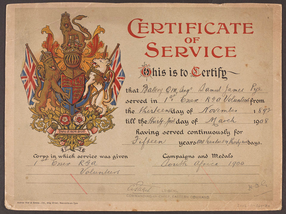 Sergeant Samuel Pye's certificate of service, 1908