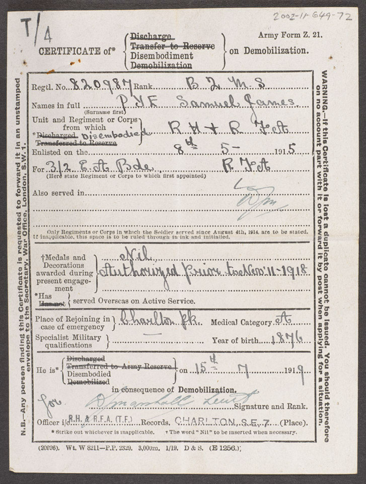 Battery Quartermaster Sergeant Samuel Pye's certificate of demobilisation, 1919