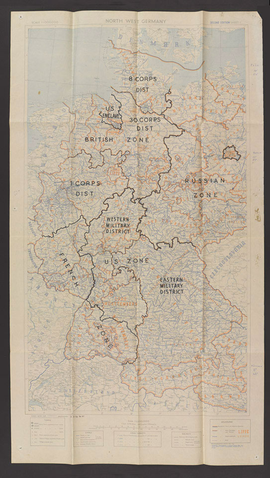 Map of Germany, 1942, customised to show the borders of the different zones of occupation in 1945