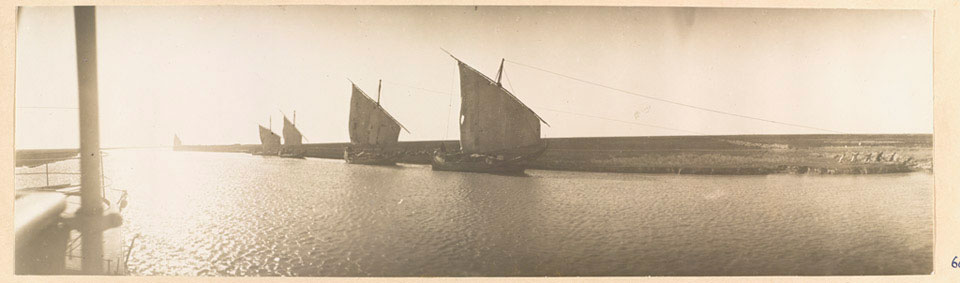 'Mahelas being towed up-stream on a windless day', Mesopotamia, 1916