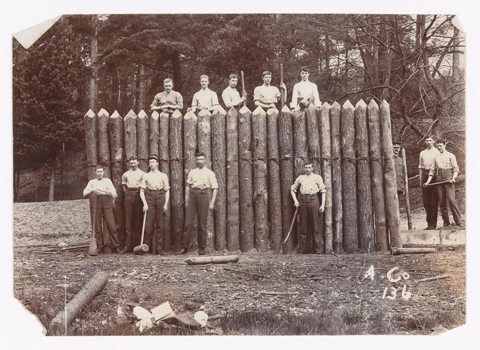 Cadets constructing a wooden palisade at the Royal Military College Sandhurst, 1905 (c)