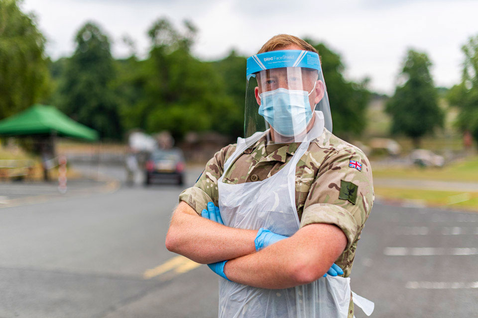 A member of 47 Regiment, Royal Artillery, part of a COVID-19 Mobile Testing Unit , West Midlands, 12 June 2020