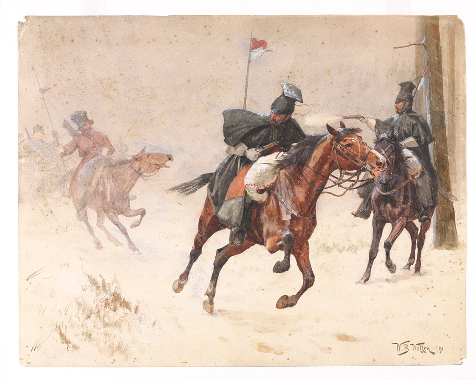 A picquet of the 17th Lancers in winter dress, skirmishing with ...