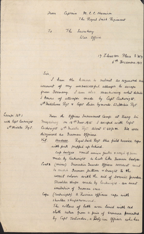 Account by Captain Michael Charles Cooper Harrison, Royal Irish Regiment, of his escape attempts from German prisoner of war camps, 1915-1917