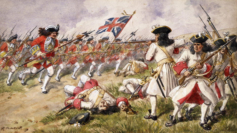 The Battle of Ramilies, 23 May 1706. The 16th Foot charging French infantry