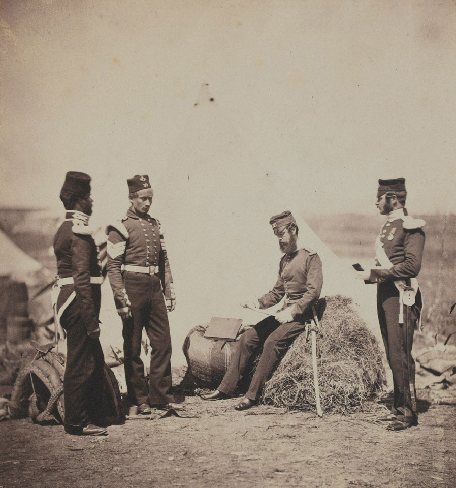Captain Walker, 30th Regiment, reading general orders, Crimea, 1855