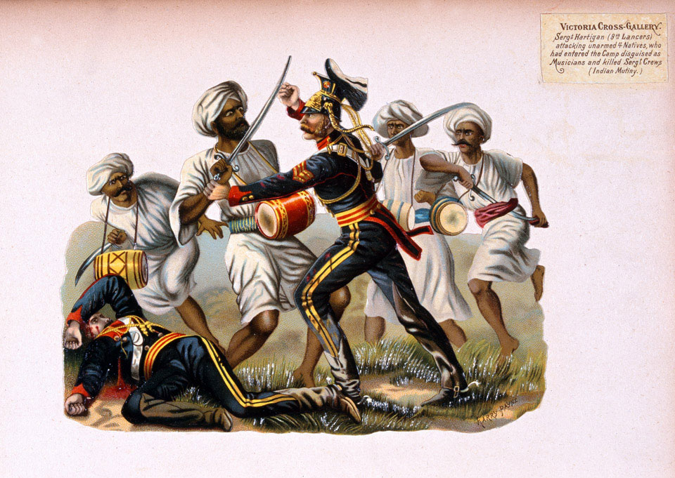 'Sergt Hartigan (9th Lancers) attacking unarmed 4 Natives, who had entered the Camp disguised as Musicians and killed Sergt Crews (Indian Mutiny.)', 1857