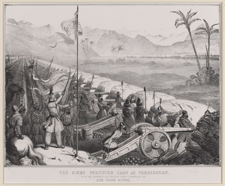 'The Sikhs fortified camp at Ferozeshah with the approaching British Army commanded by Sir Hugh Gough'