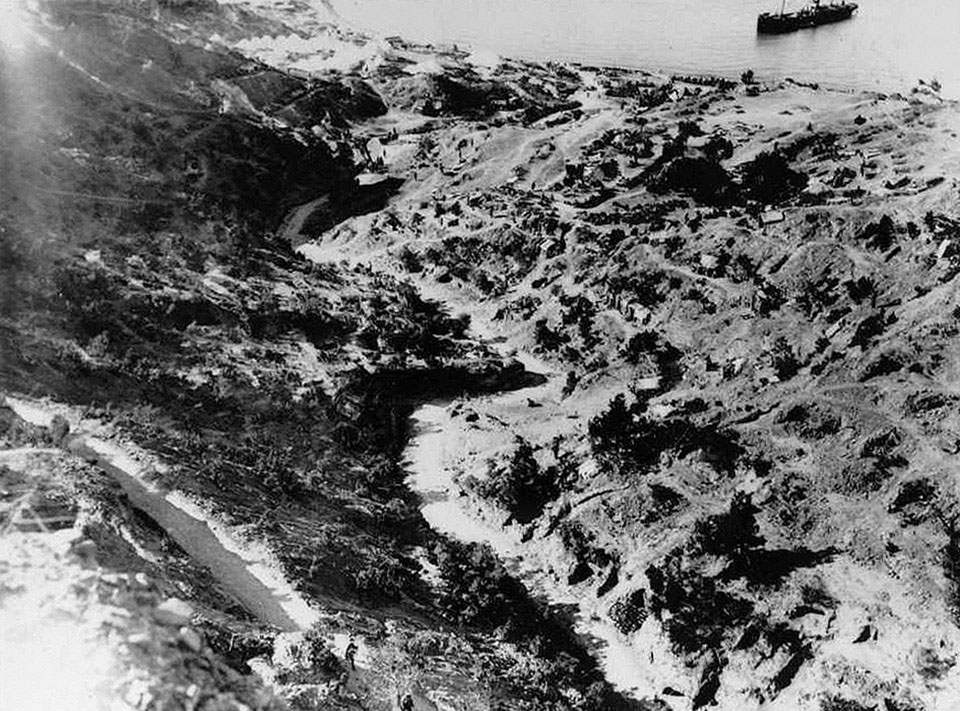 'Gulley leading to the hospital', Anzac Cove, 1915.