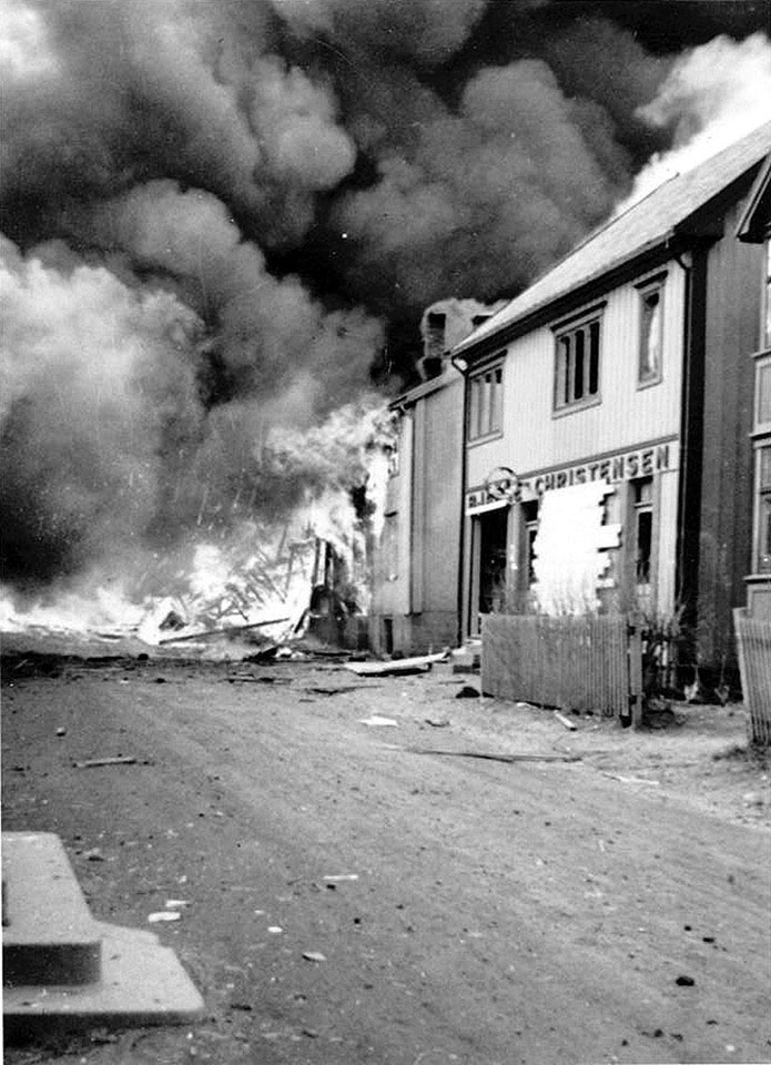 Burning buildings, Lofoten Islands, Norway, March 1941