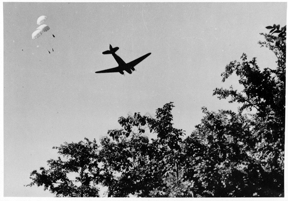 Supply drop by parachute to East African troops in Burma, 1944 (c)