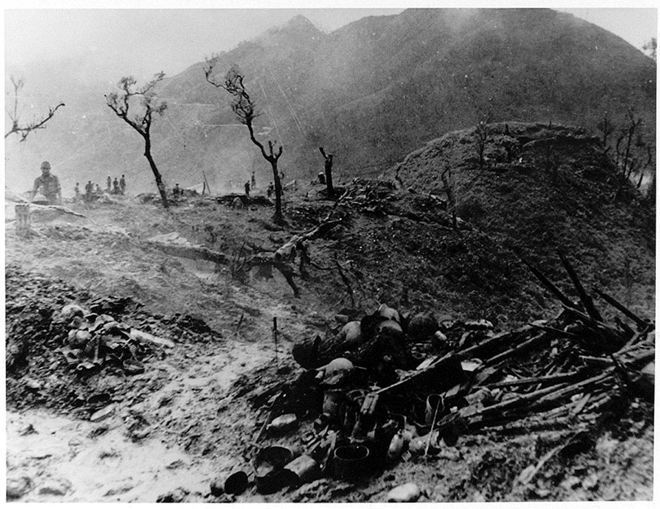 Discarded Japanese equipment on 'Malta Hill' seen from 'Scraggy', Burma, April 1944