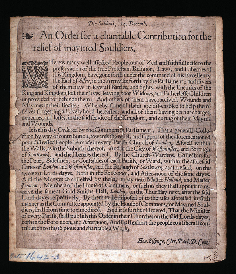 'An Order for a charitable Contribution for the relief of maymed Souldiers (sic)', 24 December 1643