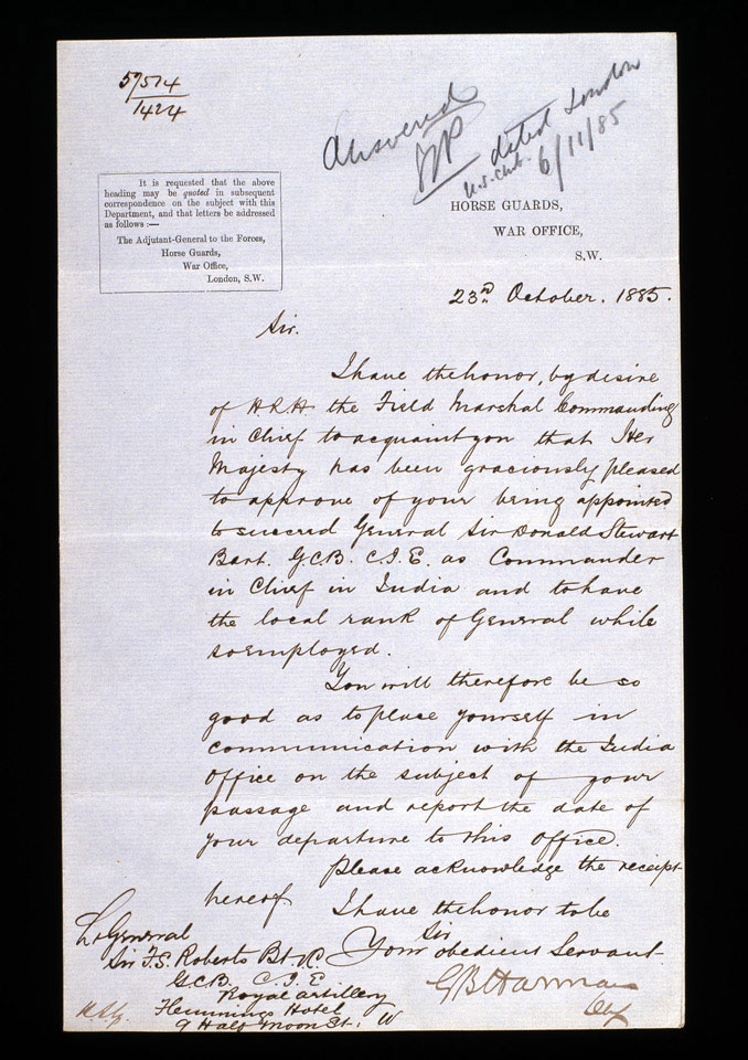 Letter informing Lieutenant General F S Roberts of his appointment to be Commander-in-Chief in India, 23 October 1885