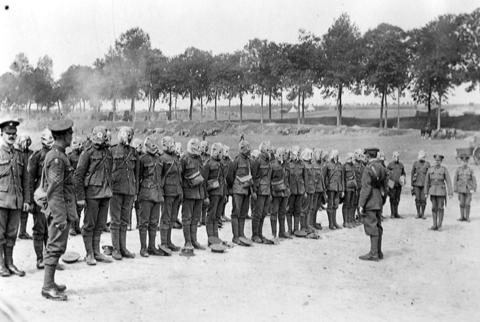 Irish Guards lined up for respirator drill, 1916 