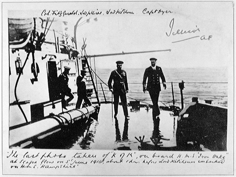 'Lord Kitchener on board HMS Iron Duke at Scapa Flow, about one hour before he embarked on HMS Hampshire, 5 June 1916'