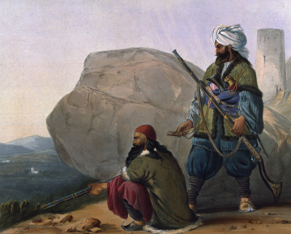 'Afghaun foot soldiers in their winter dress with entrance to the valley of Urgundeh', 1842 (c)