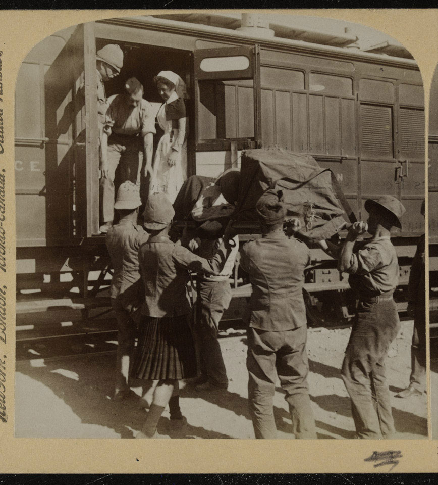 Wounded embarking on a hospital train, Boer War, 1899 (c)